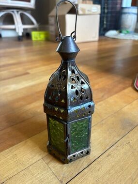 Decorative Metal Lantern with Green Glass Panels